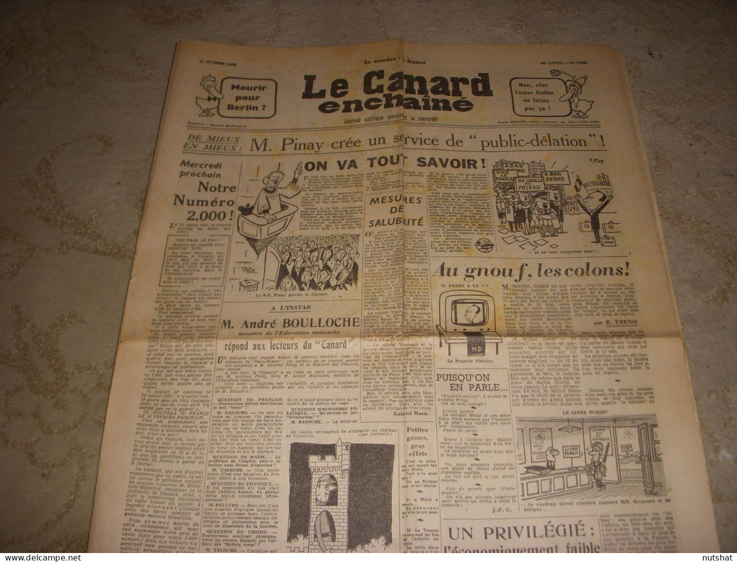 CANARD ENCHAINE 1999 11.02.1959 Jean ANOUILH TREIZE COMPLOTS A La DOUZAINE - Politique