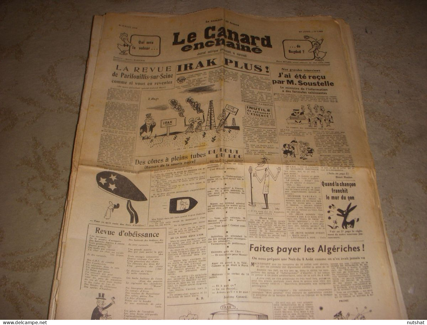 CANARD ENCHAINE 1969 16.07.1958 Andre MAURIAC CYCLISME Le TOUR De FRANCE - Politik