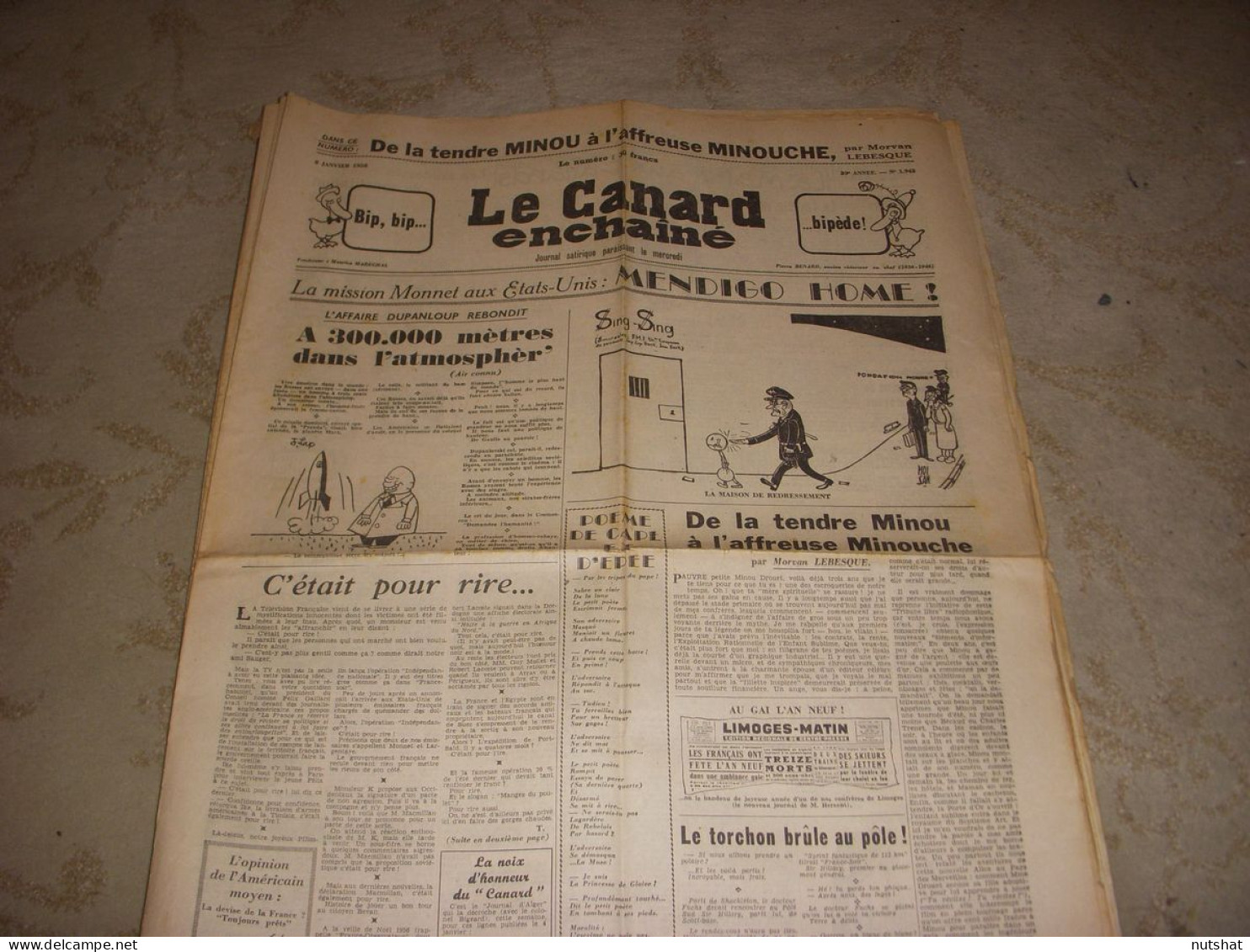 CANARD ENCHAINE 1942 08.01.1958 BOURVIL Les FRERES JACQUES Minou DROUET COCTEAU - Política