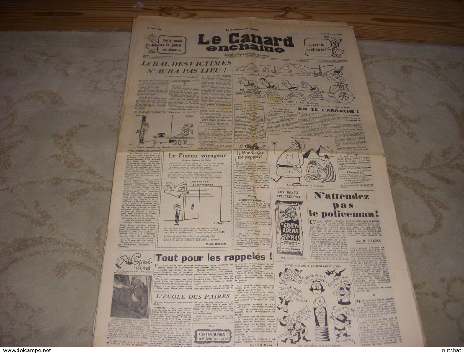 CANARD ENCHAINE 1862 27.06.1956 CYCLISME PERMISSION ANQUETIL POUR RECORD HEURE - Política