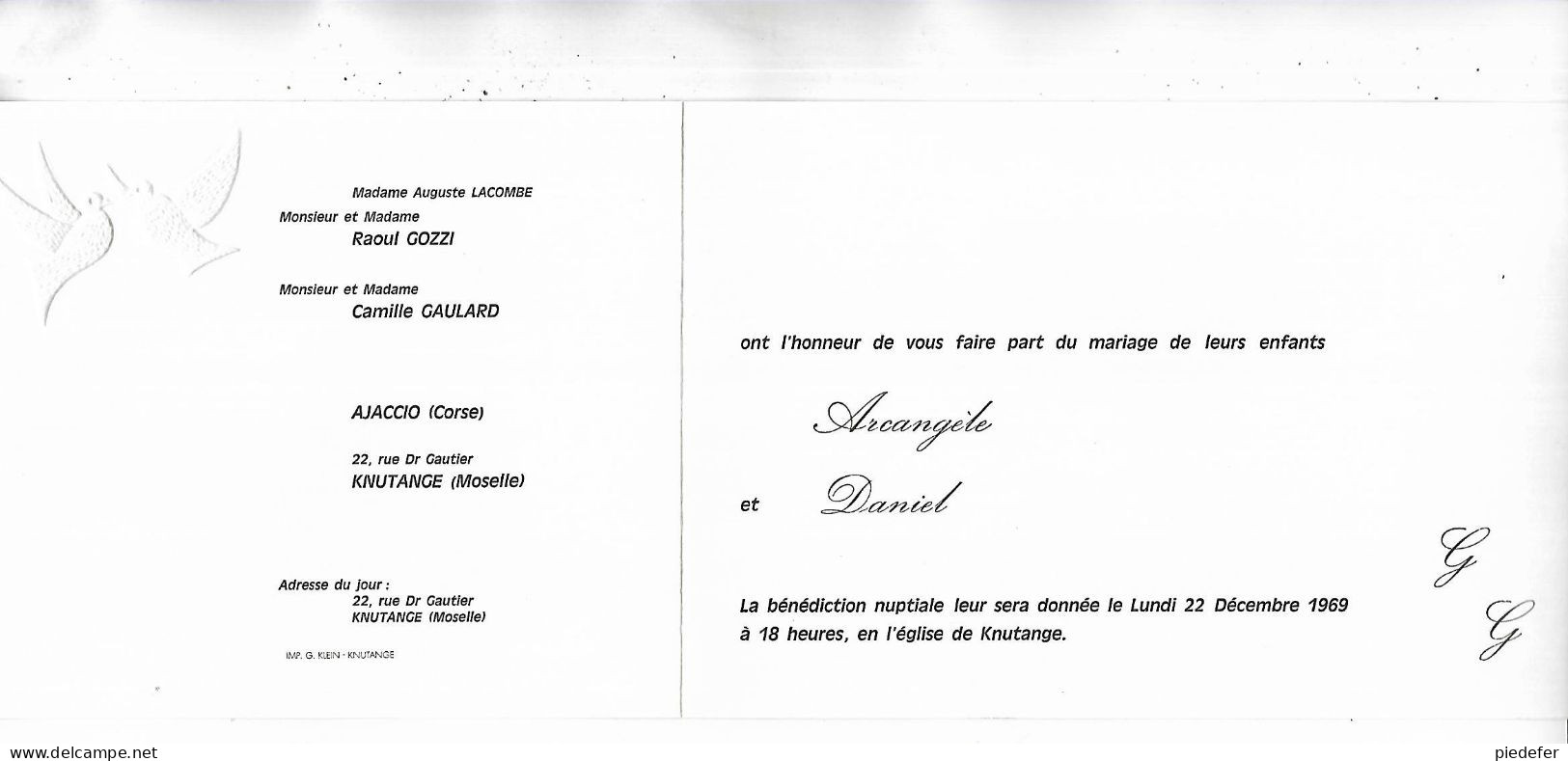 57 Et 20 - Faire-part De Mariage Entre  Arcangèle GOZZI Et Daniel GAULARD Le 22/12/1969 à KNUTANGE ( Moselle ) - Huwelijksaankondigingen