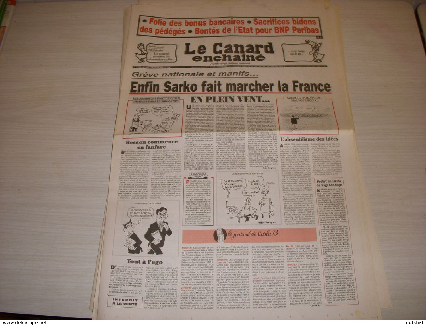 CANARD ENCHAINE 4605 28.01.2009 SARKOZY BONUS BANCAIRE BENOIT XVI Philippe DJIAN - Politique