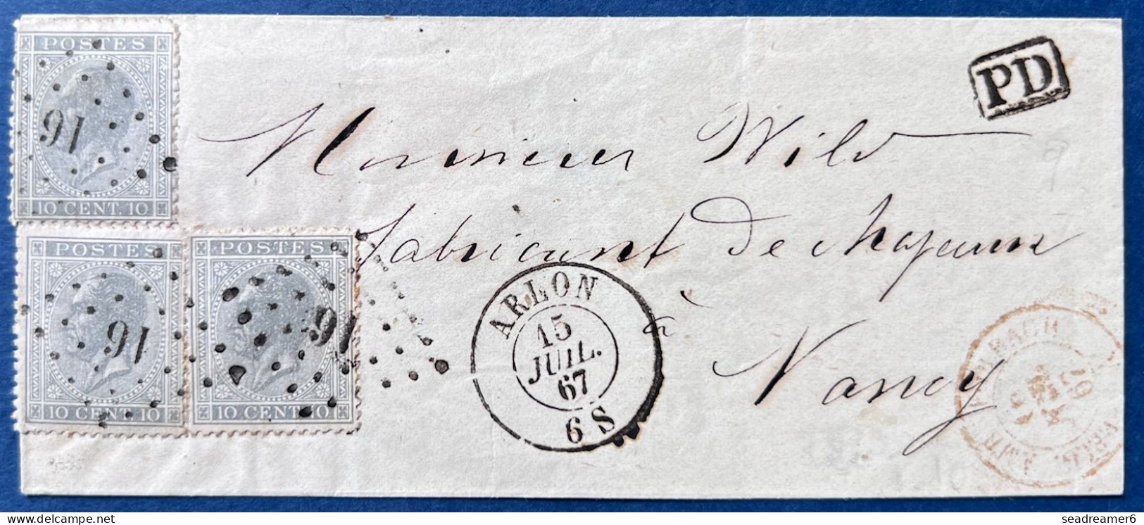 LETTRE N°17 X3 10c Gris Oblitérés GC 16 + Dateur De ARLON + Entrée N°659 Rouge " BELG.AMB.FORBACH / A " Pour NANCY - 1865-1866 Linksprofil