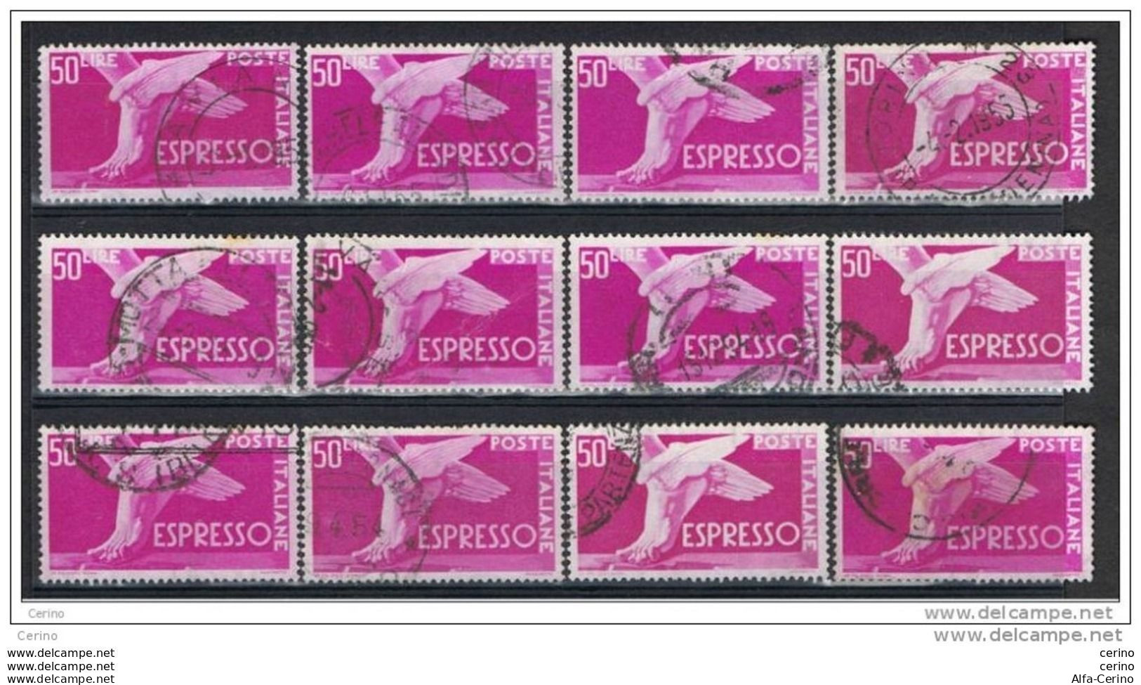 REPUBBLICA:  1945/52  EX. DEMOCRATICA  R.  -  £. 50  ROSA  LILLA  US. -  RIPETUTO  12  VOLTE  -  SASS. 30 - Correo Urgente/neumático