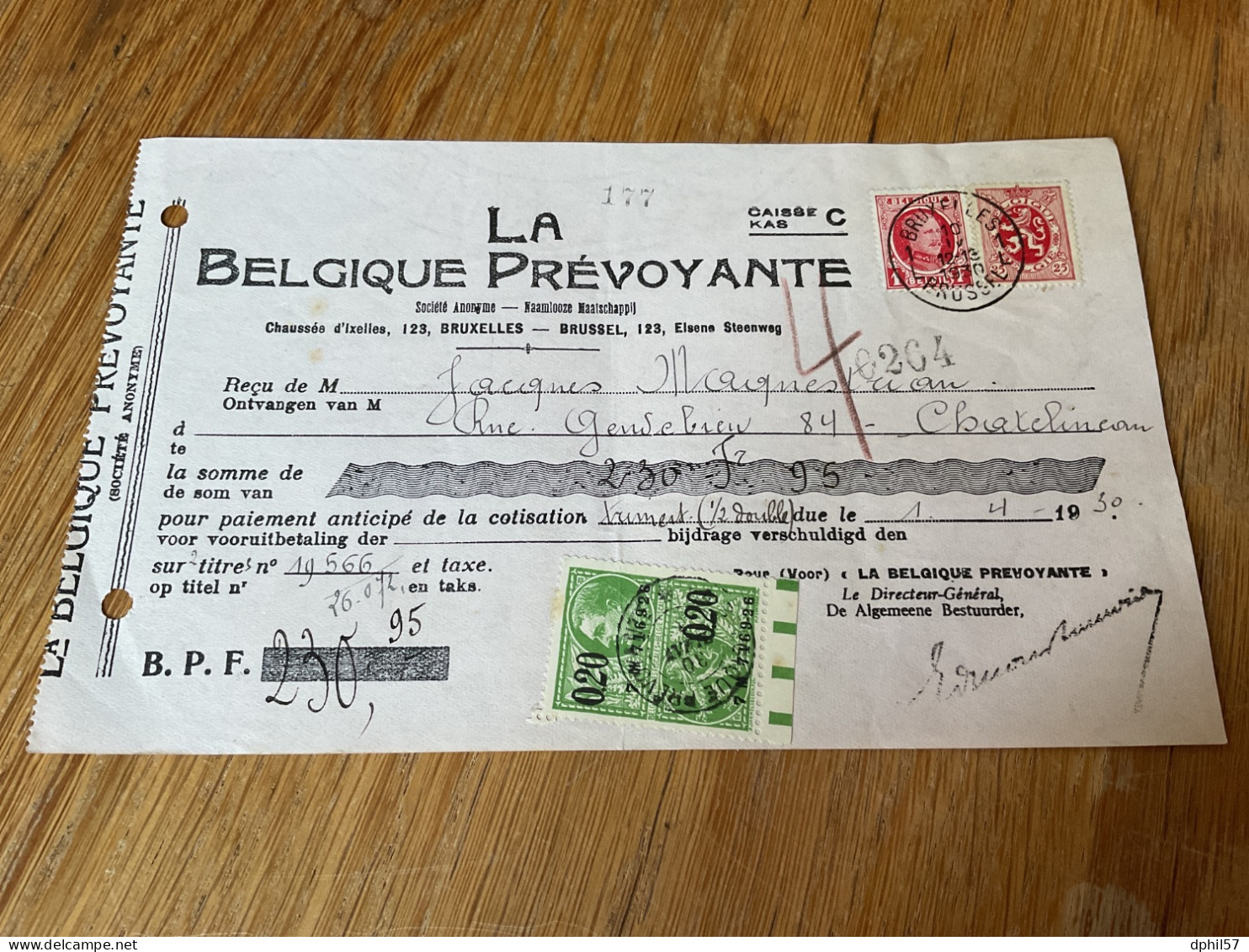 Belgique N°256,282 Sur Reçu (1930) - Covers & Documents