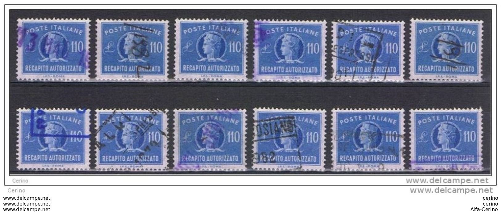 REPUBBLICA:  1955/90  RECAPITO  AUTORIZZATO  -  £. 110  AZZURRO  US. -  RIPETUTO  12  VOLTE  -  SASS. 15 - Correo Urgente/neumático