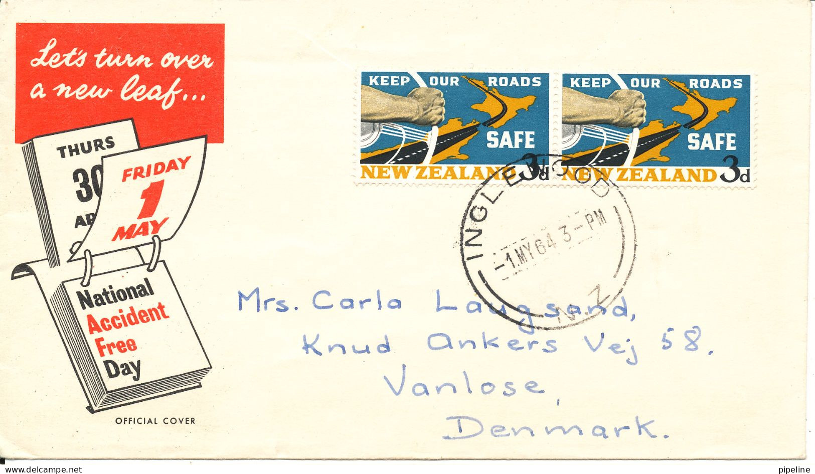 New Zealand FDC 1-5-1964 Keep Our Roads Safe In Pair With Cachet Sent To Denmark - FDC