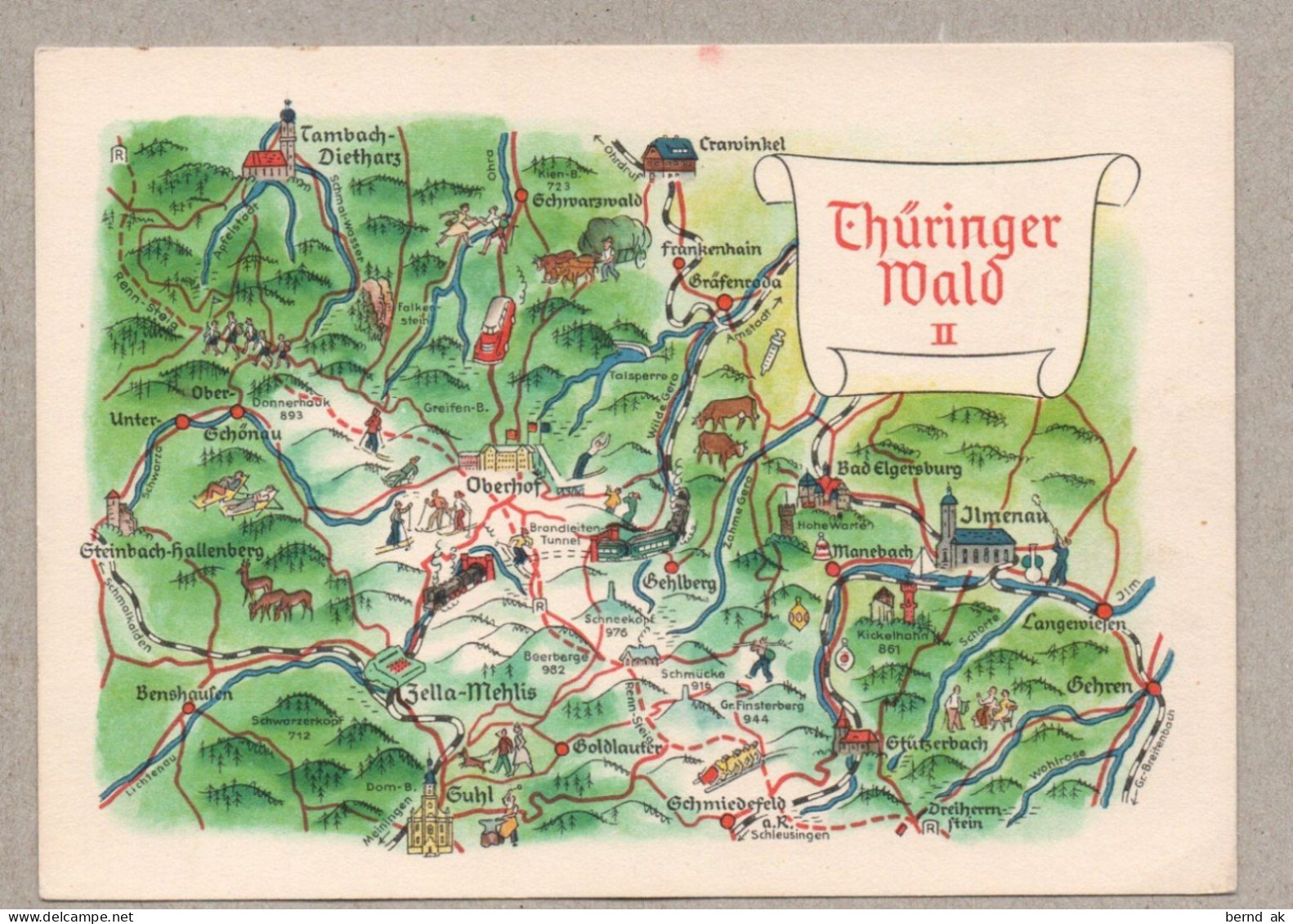 A0289} BRD  - AK (DDR-Zeit): Thüringer Wald -  Landkarte Mit Sehenswürdigkeiten - Carte Geografiche