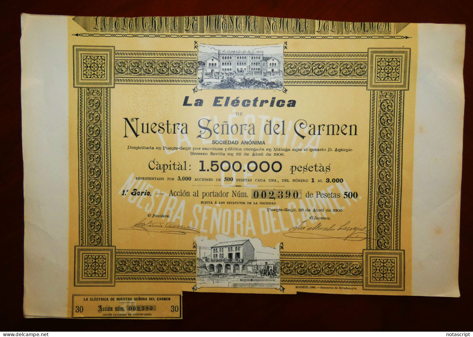 La Eléctrica De Nuestra Señora Del Carmen SA Puente Genil, Córdoba, Spain 1906 Share Certificate - Electricité & Gaz