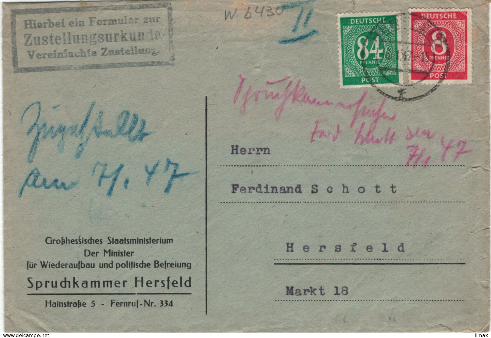 Spruchkammer Hersfeld 1947 > Schott - Ortsbrief 92 Pf. - Zustellungsurkunde - Lettres & Documents