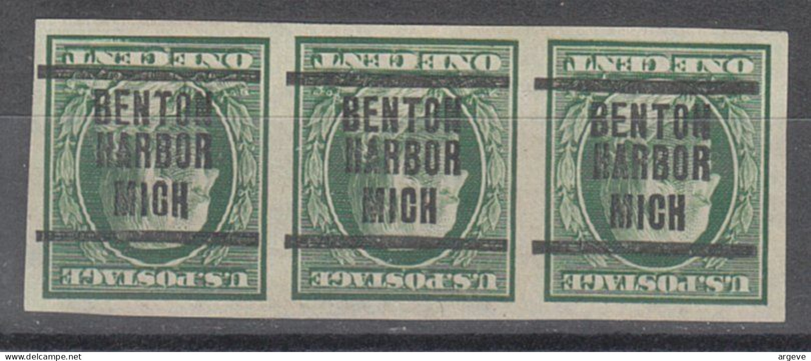 USA Precancel Vorausentwertungen Preo Locals Michigan, Benton Harbor 1908-207 Strips Of 3 Imperf, Invert - Vorausentwertungen