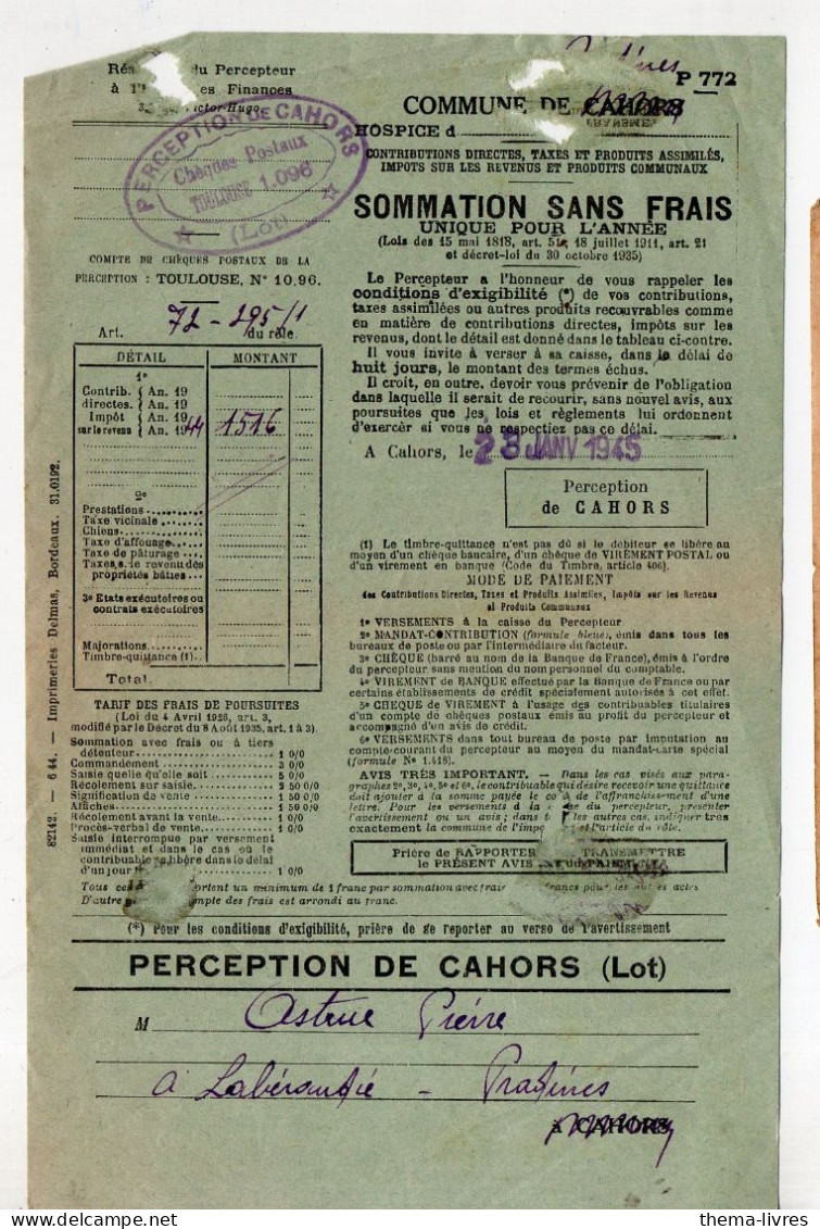 Cahors (46)sommation Sans Frais 1945 (PPP47203) - Non Classés