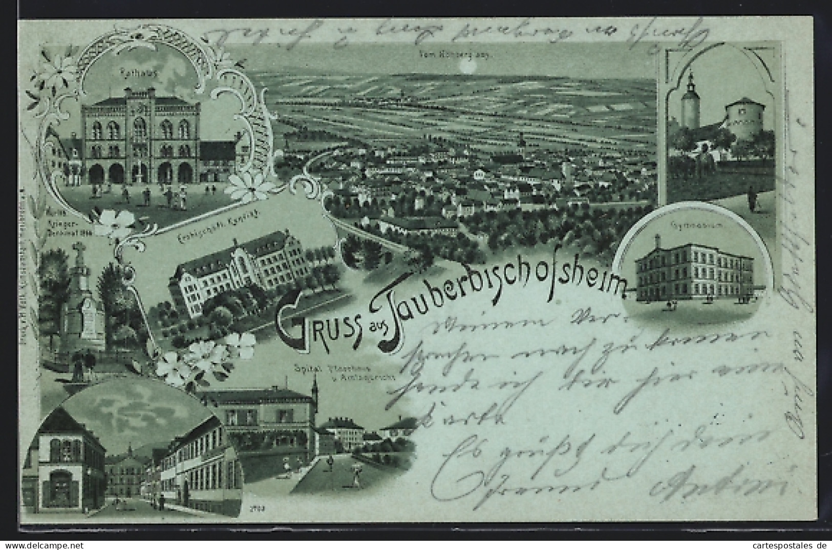 Mondschein-Lithographie Tauberbischofsheim, Erzbischöfliches Konvikt, Rathaus, Gymnasium  - Tauberbischofsheim