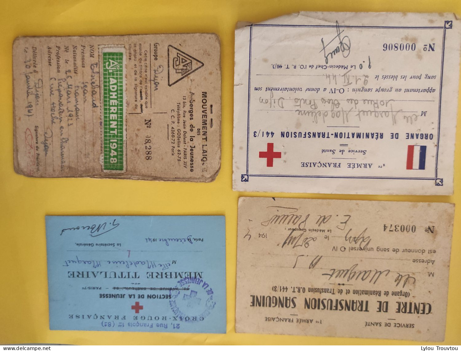 Lot De 4 Documents Transfusion Sanguine Croix Rouge Française / Militaire Militaria Auberge De La Jeunesse Laïque Nolay - Documents