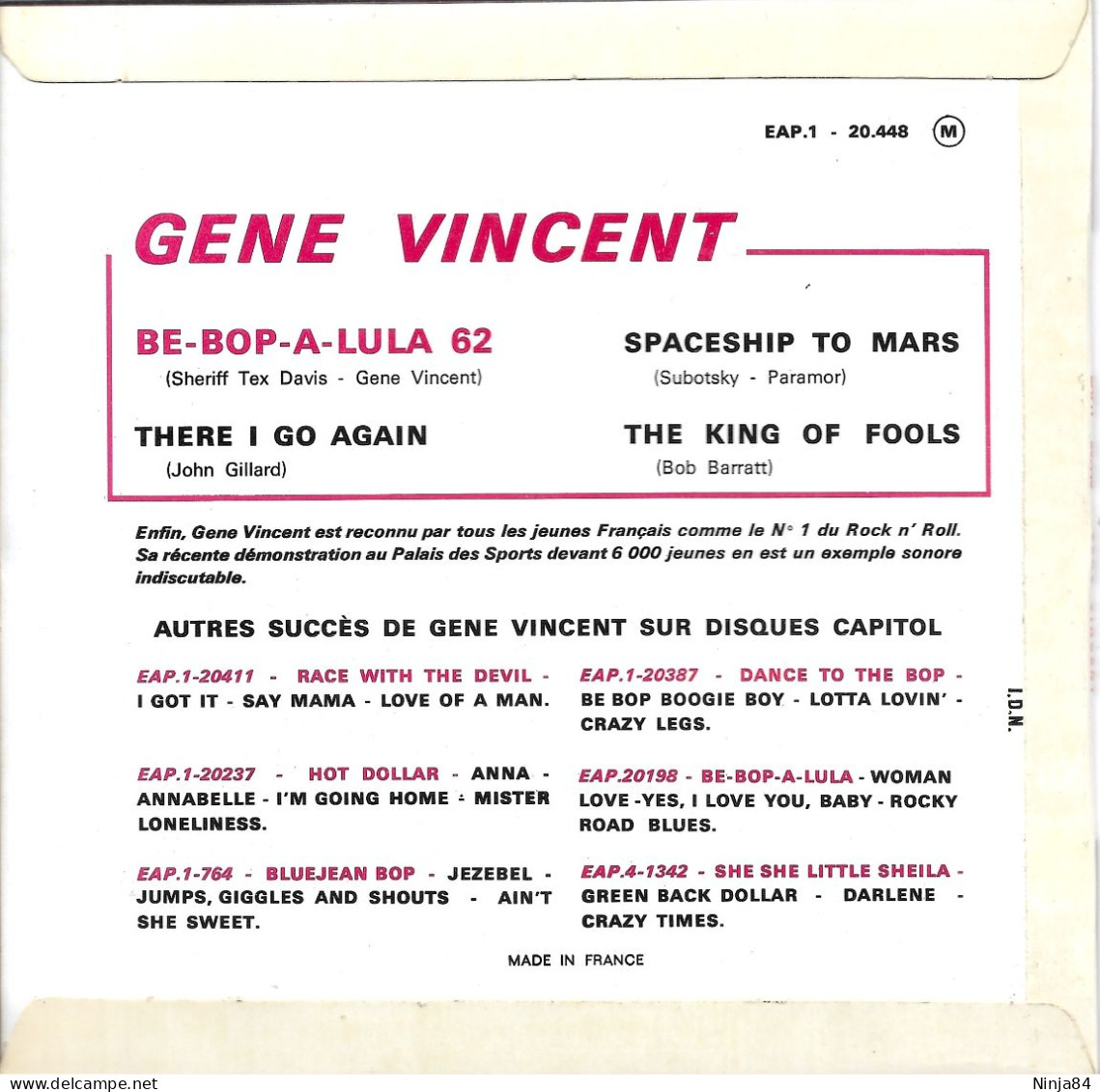 EP 45 RPM (7") Gene Vincent  "  Be Bop A Lula 62  " - Rock