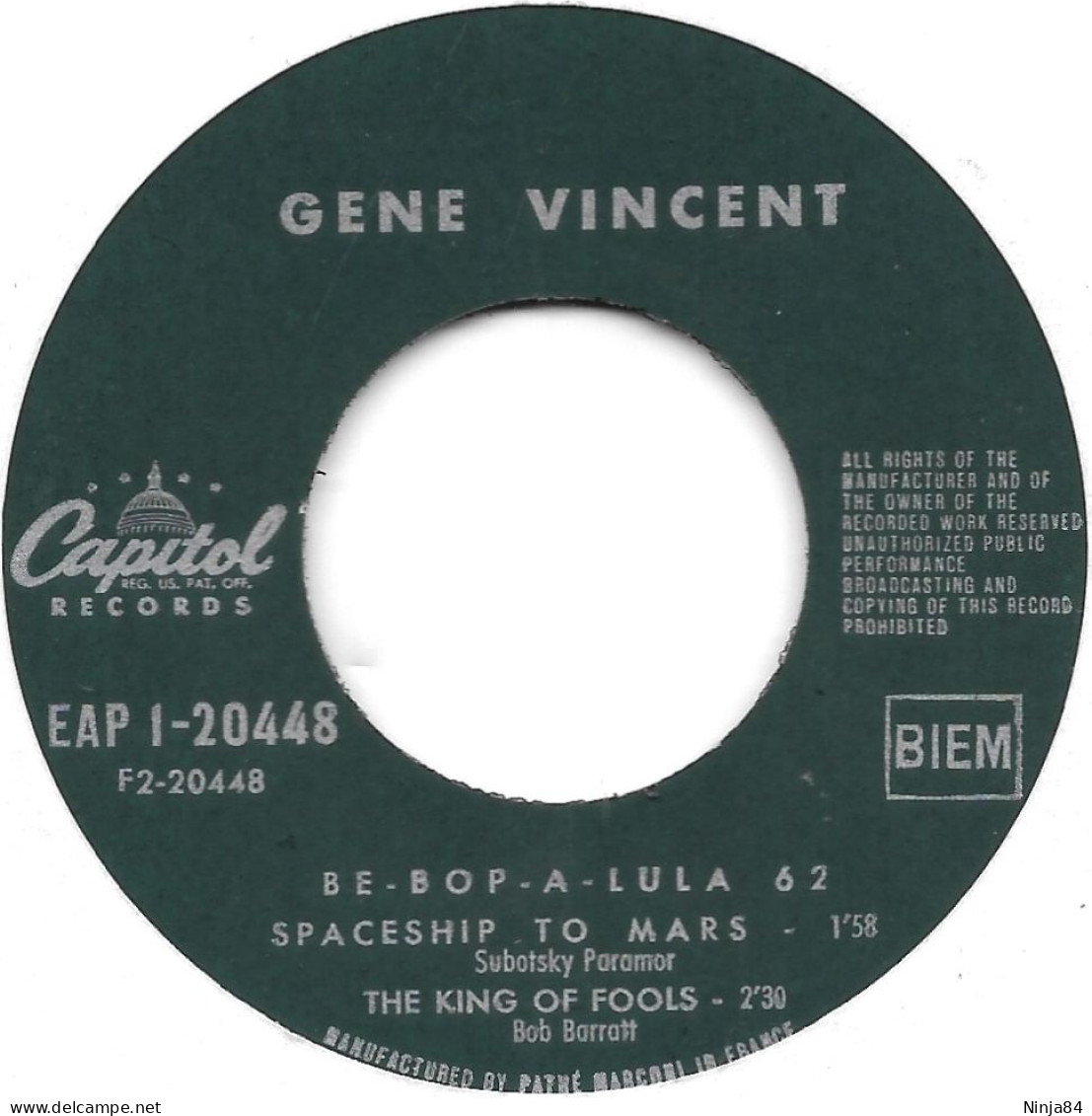 EP 45 RPM (7") Gene Vincent  "  Be Bop A Lula 62  " - Rock