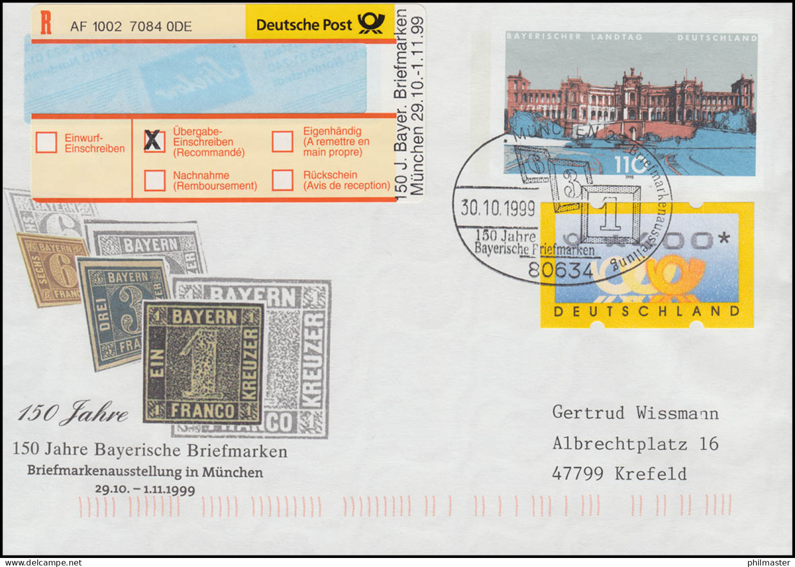 Sonder-R-Zettel Bayrische Briefmarken Auf USo 11, ATM 400 - SSt MÜNCHEN 30.10.99 - R- & V- Viñetas