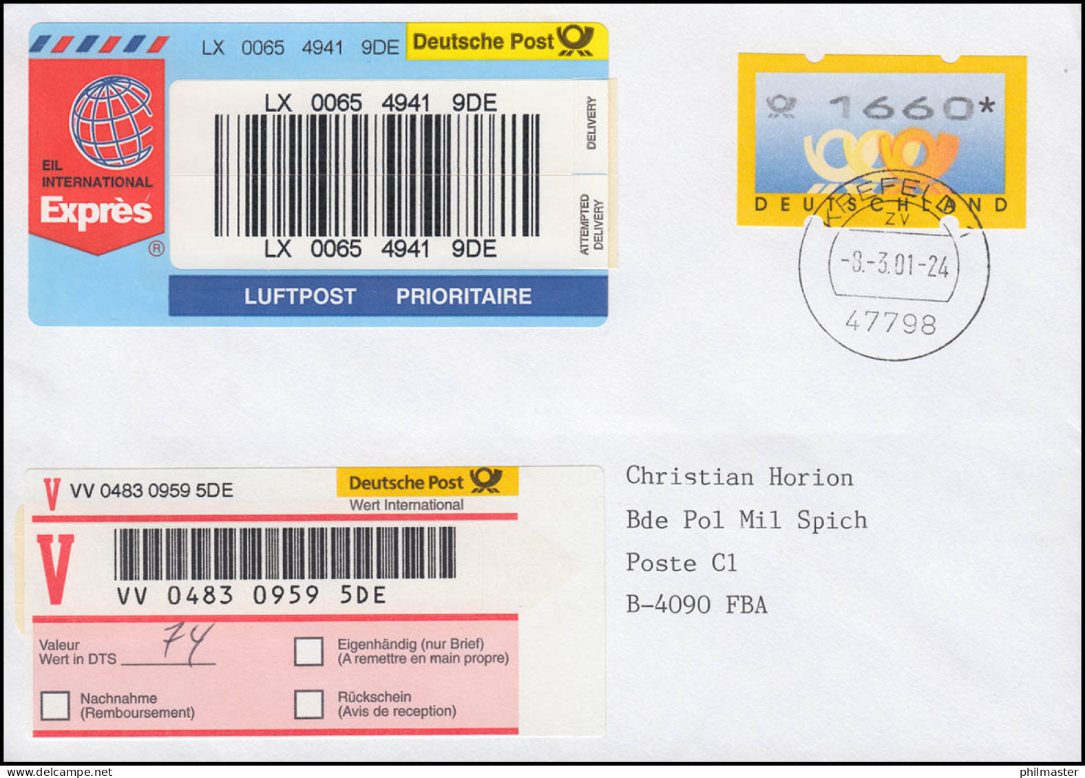 Neuer Strichcode-Aufkleber Für Eil-International: Eil-Wert-Brief KREFELD 8.3.01 - R- & V- Viñetas