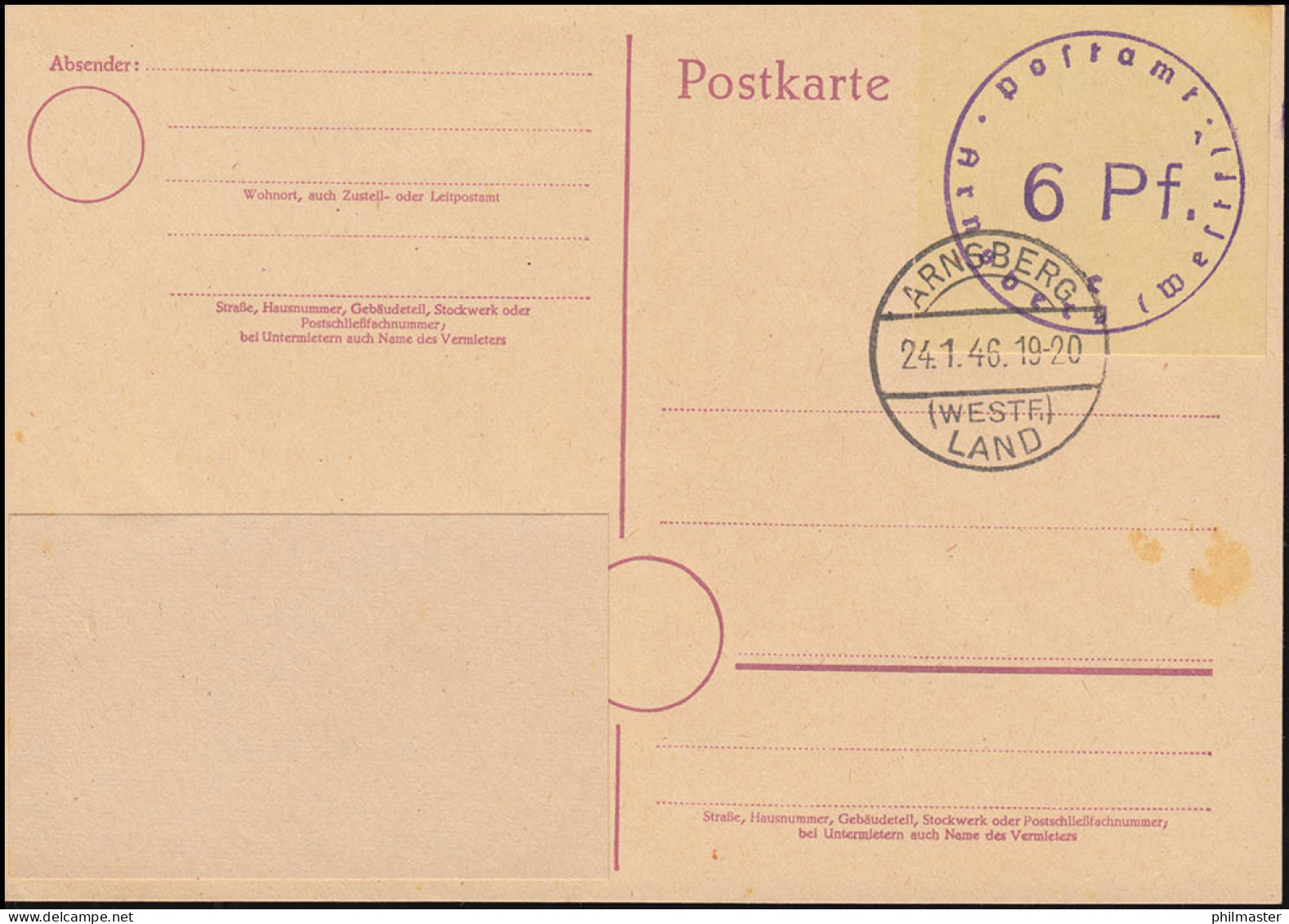 Britische Zone Notausgabe Postkarte P A01aB Arnsberg, Gefälligkeits-O 24.1.1946 - Afgestempeld