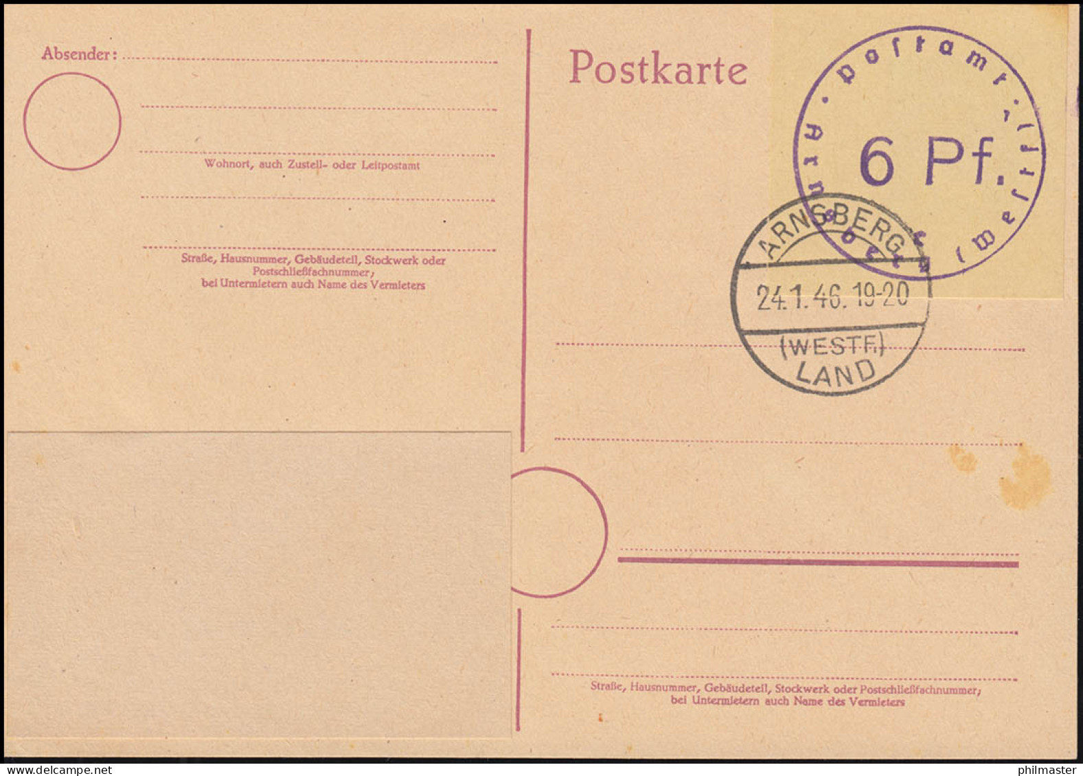 Britische Zone Notausgabe Postkarte P A01aB Arnsberg, Gefälligkeits-O 24.1.1946 - Usati