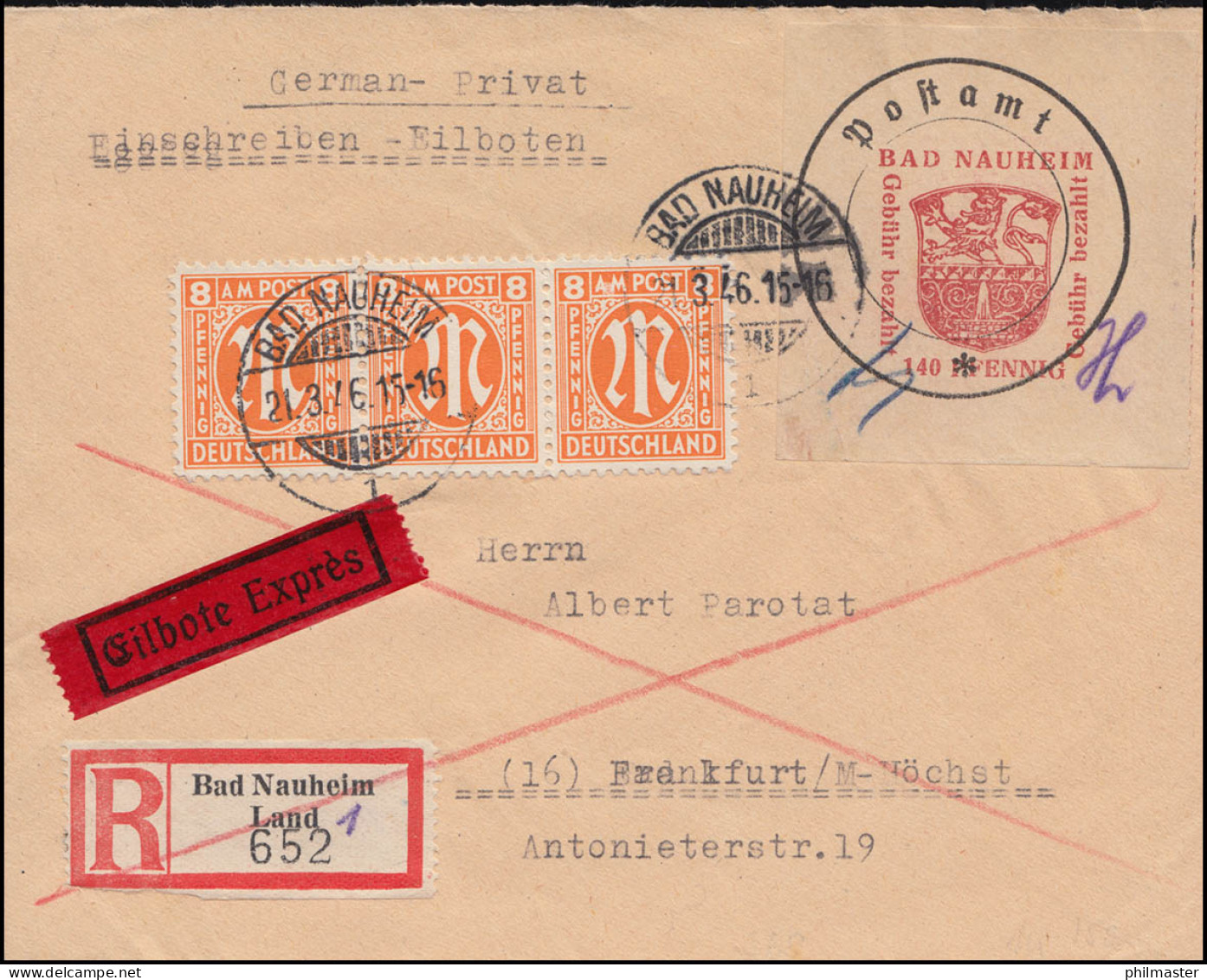 Bad Nauheim 8IIx Postverschlusszettel Mit AM-POST-Marken MiF Eil-R-Brief 21.3.46 - Briefe U. Dokumente