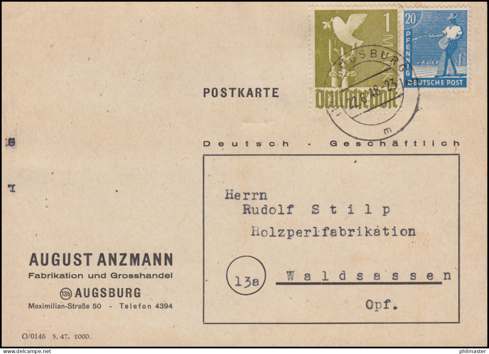 Währungsreform Zehnfachfrankatur 937+950 MiF Auf Postkarte AUGSBURG 22.6.1948 - Usati