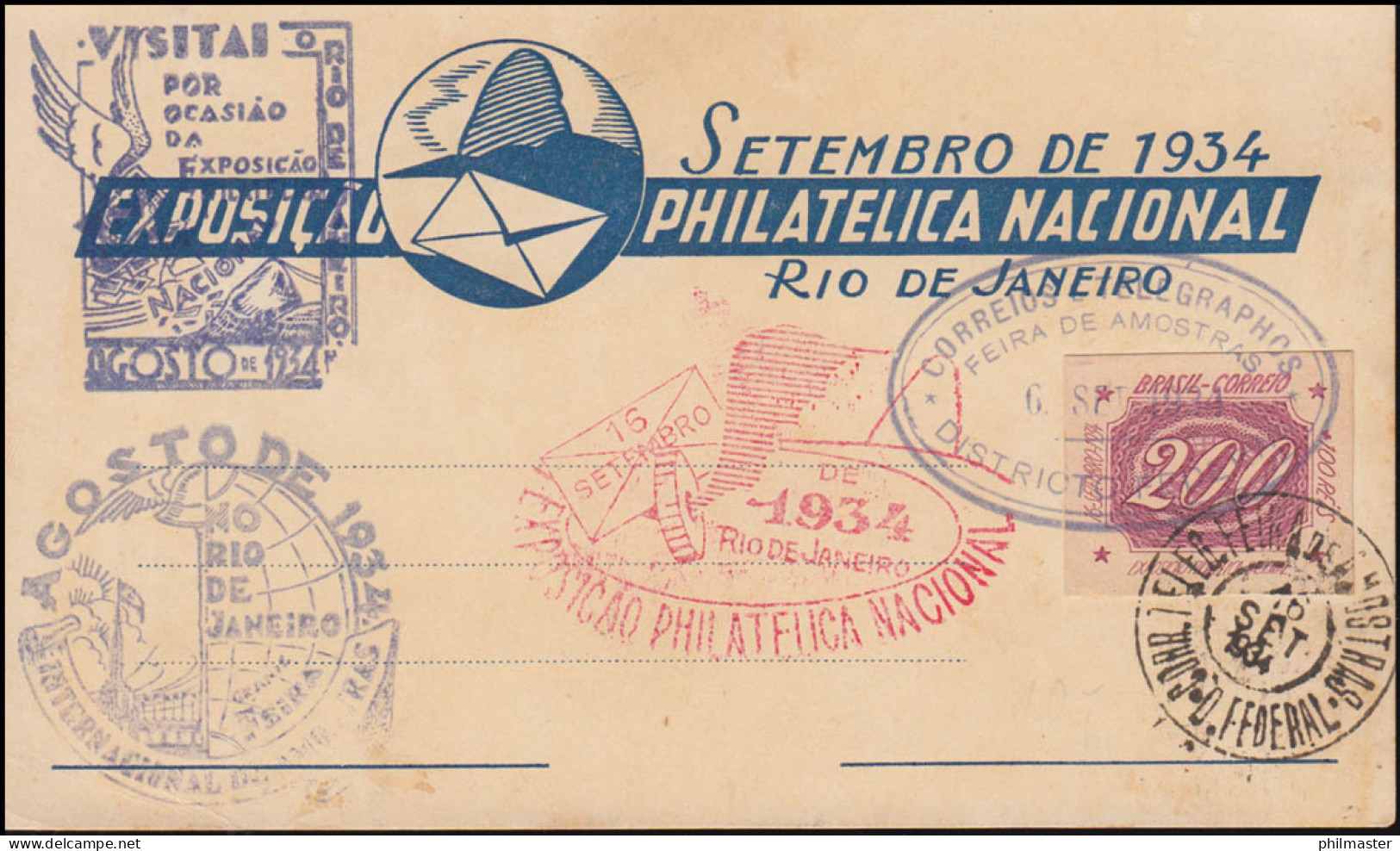 Brasilien Schmuck-PK Nationale Briefmarkenausstellung Rio De Janeiro 16.9.1934 - Briefmarkenausstellungen