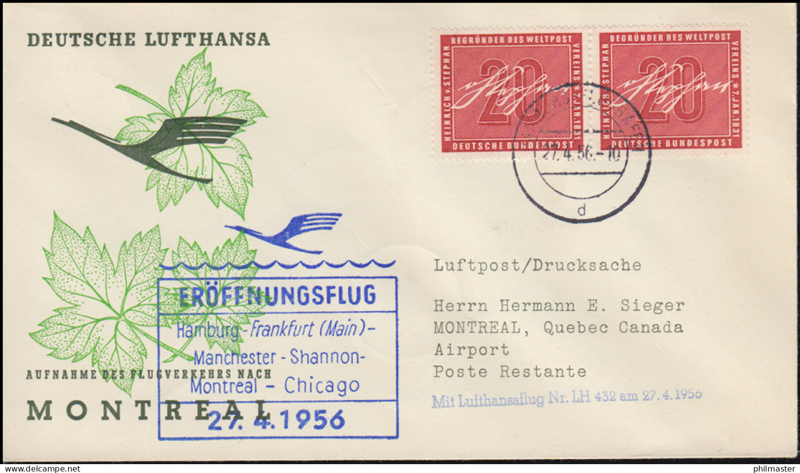 Erstflug Lufthansa Aufnahme Des Flugverkehrs Nach Montreal 27.4.1956  - First Flight Covers