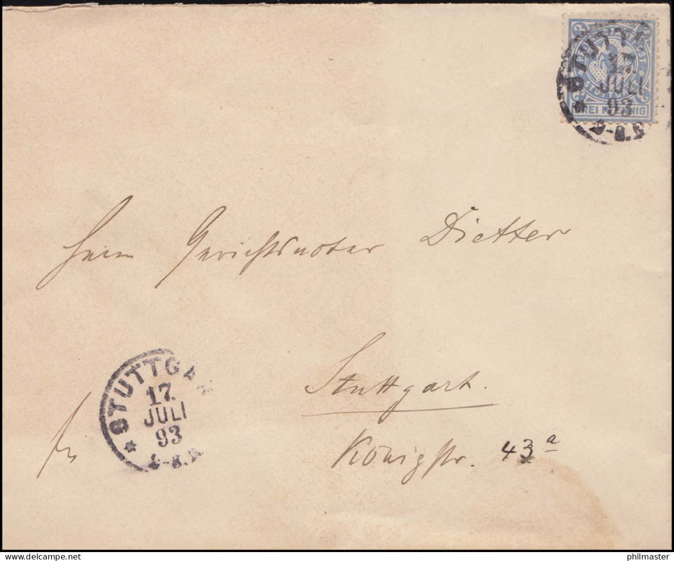 Privatpost Stuttgart 3 Springendes Pferd 3 Pfennig EF Brief STUTTGART 17.7.1893 - Private & Lokale Post