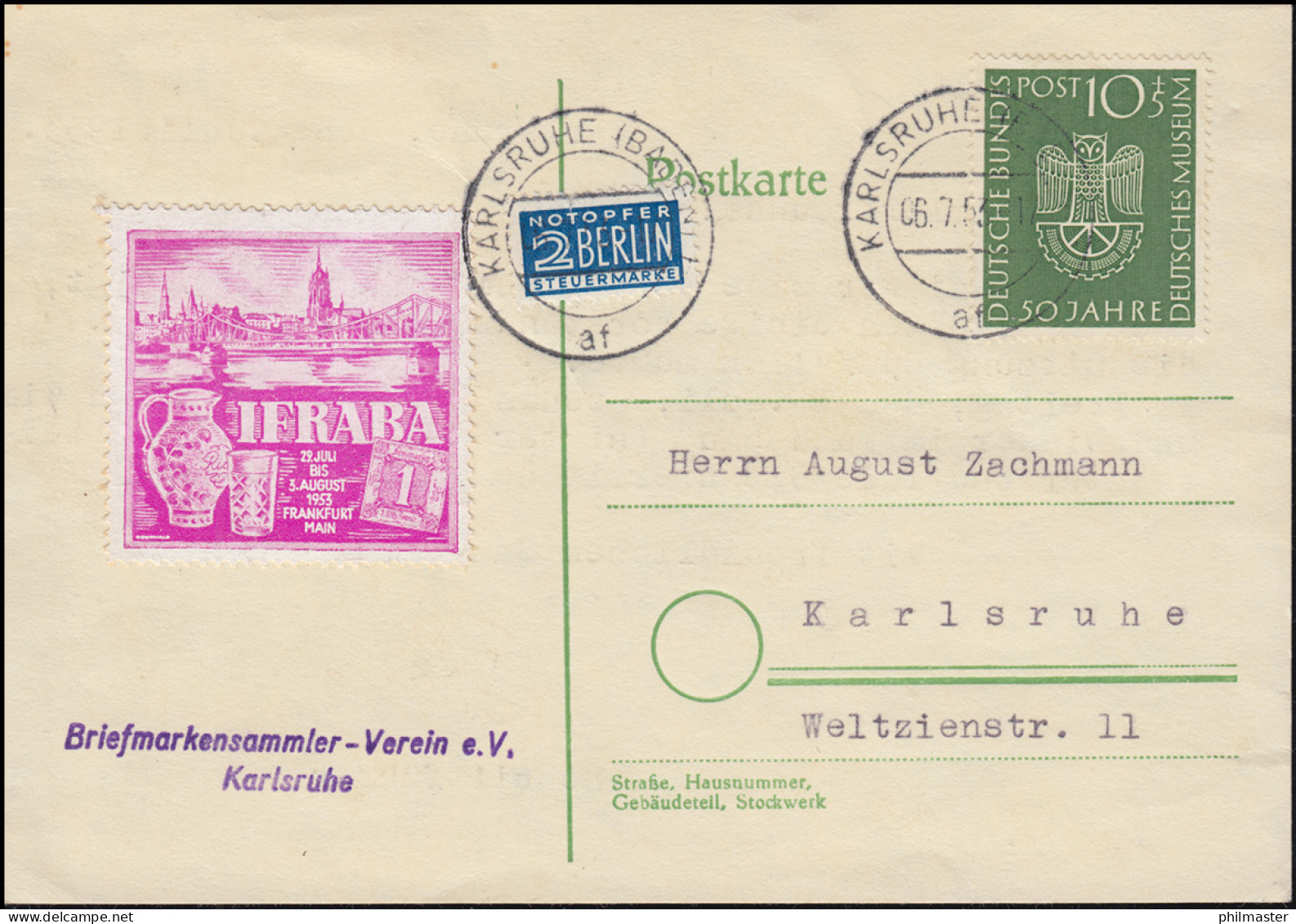 163 Deutsches Museum Mit IFRABA Auf Orts-Postkarte KARLSRUHE 6.7.1953 - Musei