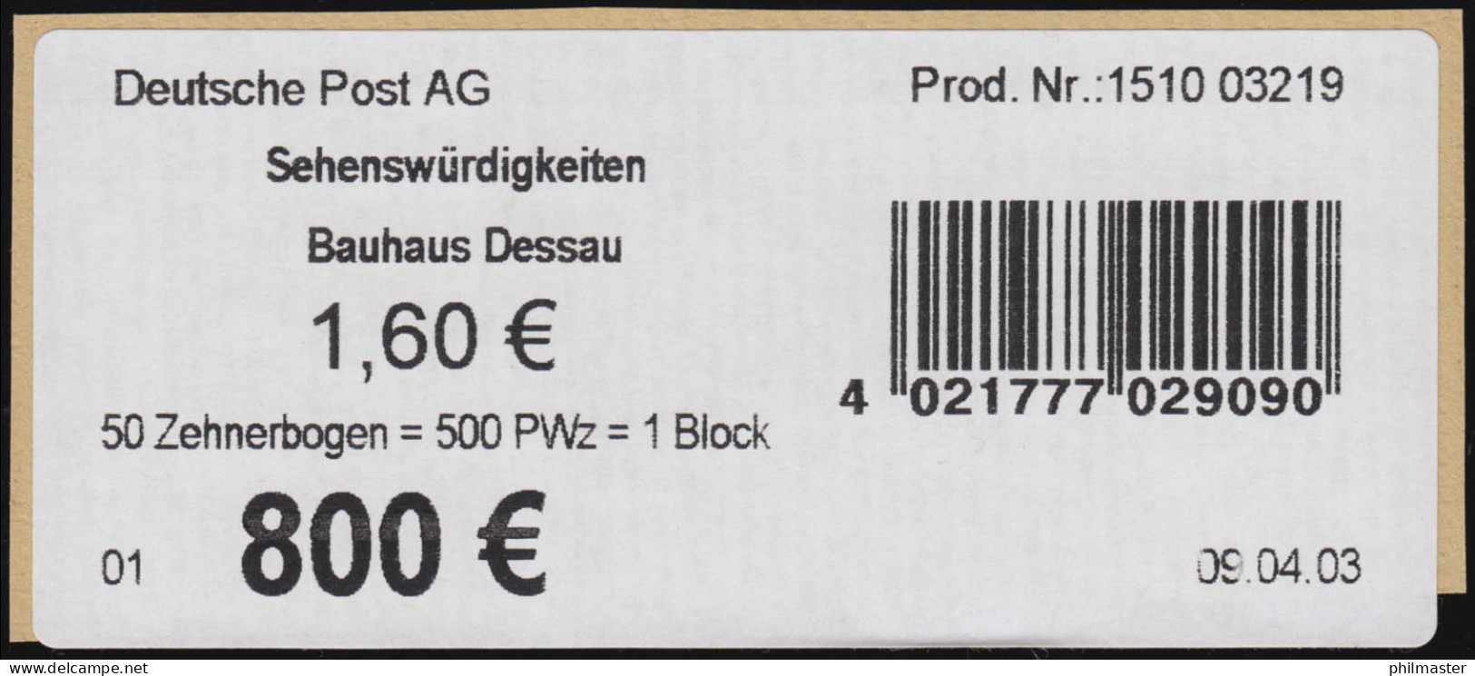 Banderole Für 2302CII SWK 1,60 Zehnerbogen, SAD III ** - 2001-2010