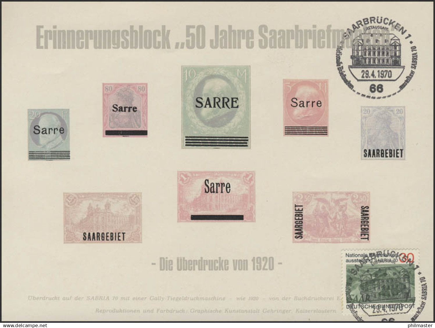 Sonderdruck Saar-Überdrucke Von 1920 SABRIA 1970, ESSt FAKSIMILE - Privées & Locales