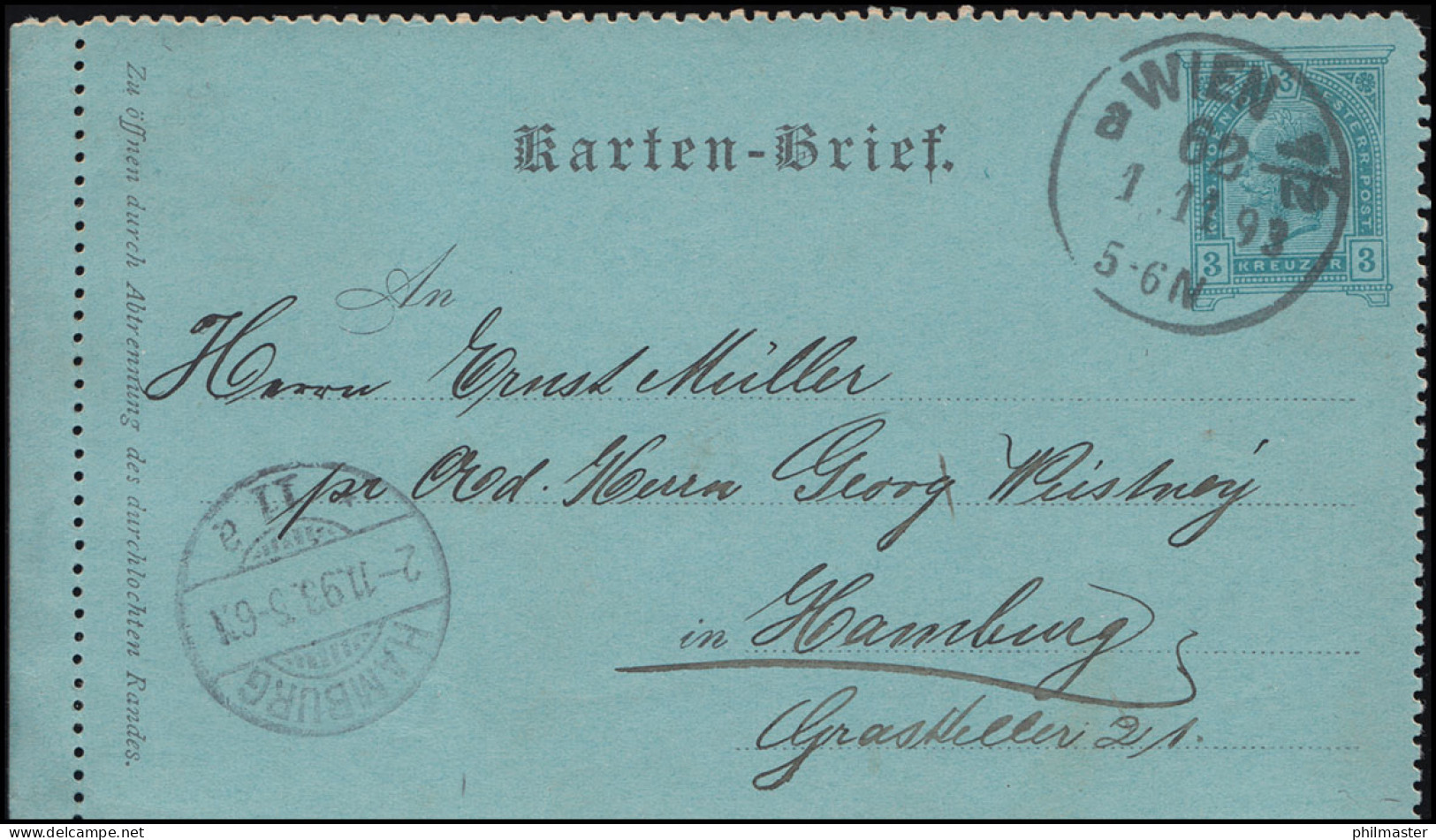 Österreich Kartenbrief 15 Aus WIEN 62 1.11.1893 Nach HAMBURG 11a 2.11.93 - Otros & Sin Clasificación