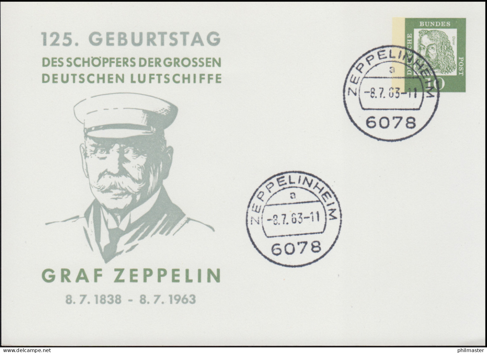 PP 28/8 Geburtstag Graf Zeppelin, Tagesstempel ZEPPELINHEIM 8.7.1963 - Private Covers - Mint