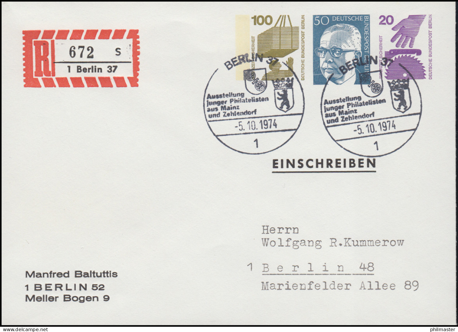 Berlin PU 62 Einschreiben Baltuttis Berlin, SSt Berlin Ausstellung 5.10.1974 - Andere & Zonder Classificatie