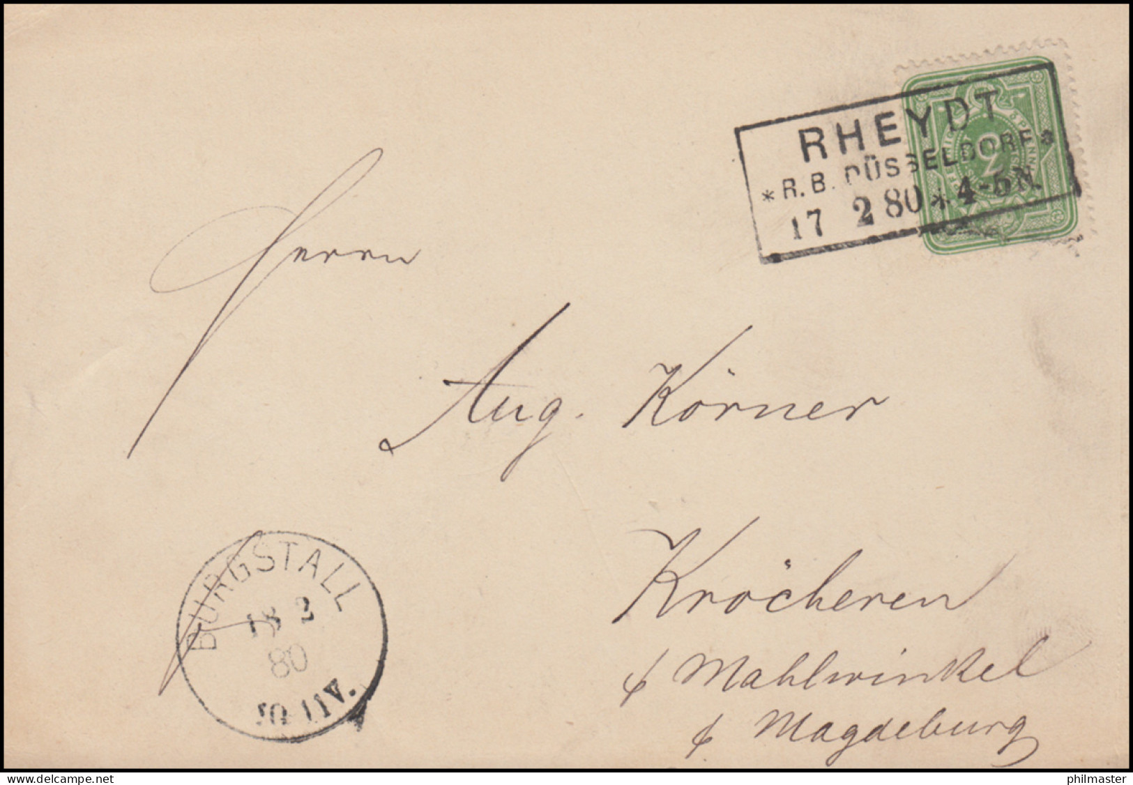 Postkarte Mit 3 Pfennige Kastenstempel RHEYDT 17.2.1880 Nach BURGSTALL 18.2.80 - Usines & Industries