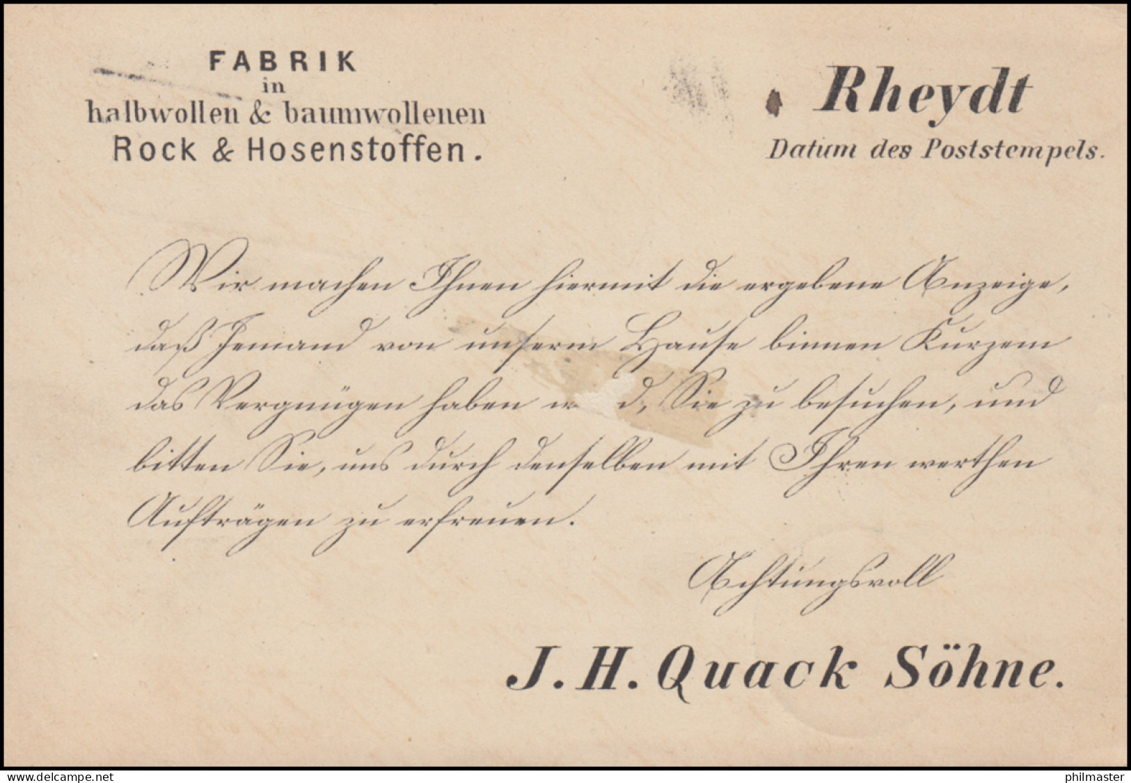 Postkarte Mit 3 Pfennige Kastenstempel RHEYDT 17.2.1880 Nach BURGSTALL 18.2.80 - Fabriken Und Industrien