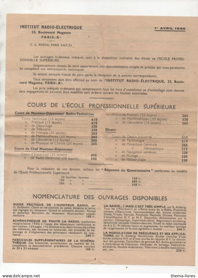 Paris ; Bd Magenta ; Circulaire INSTITUT RADIO ELECTRIQUE  1949    (PPP47206) - Pubblicitari