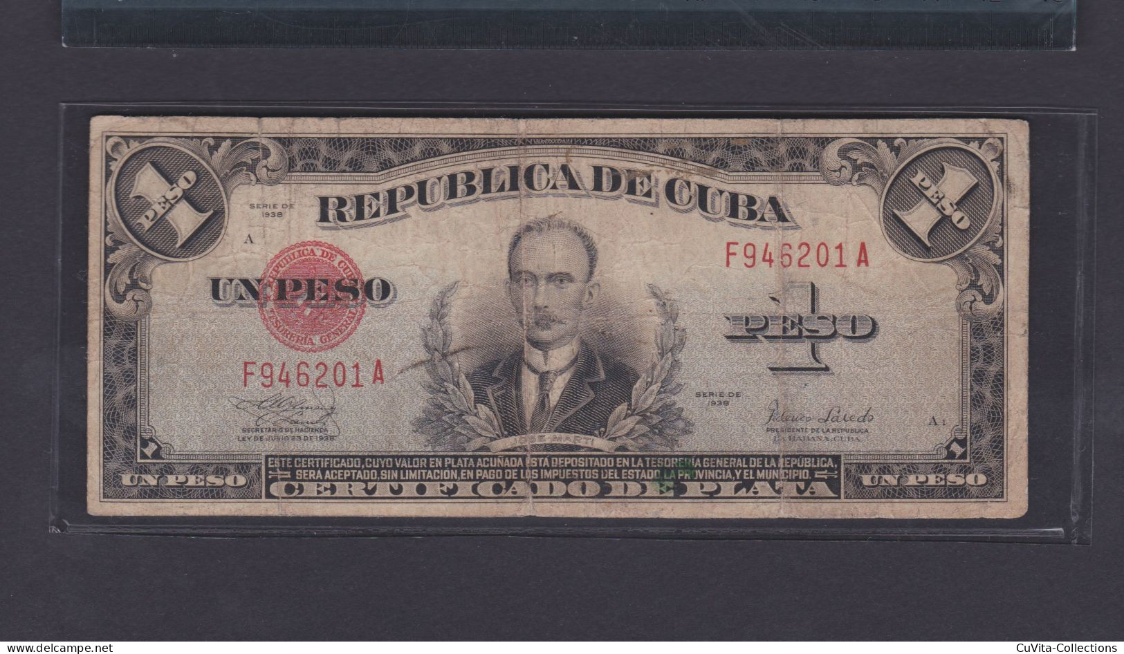 CUBA 1 PESO 1938 F/BC Certificado De Plata - Cuba