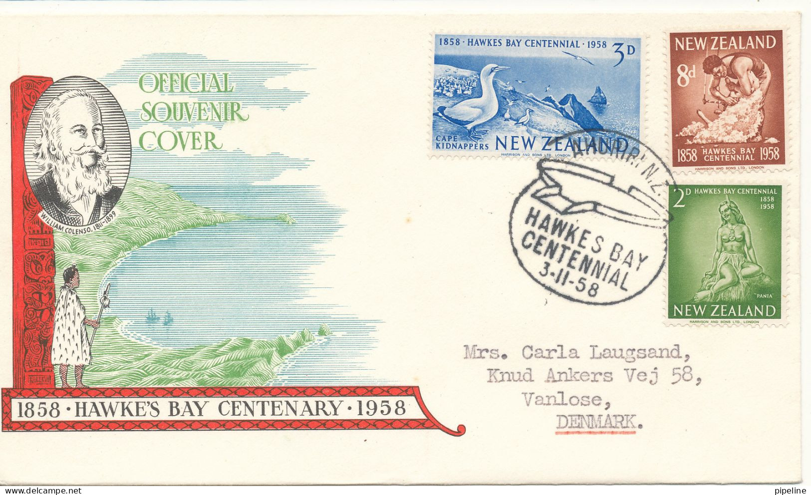 New Zealand FDC 3-11-1958 Hawkes Bay Centennial Complete Set Of 3 With Cachet - FDC