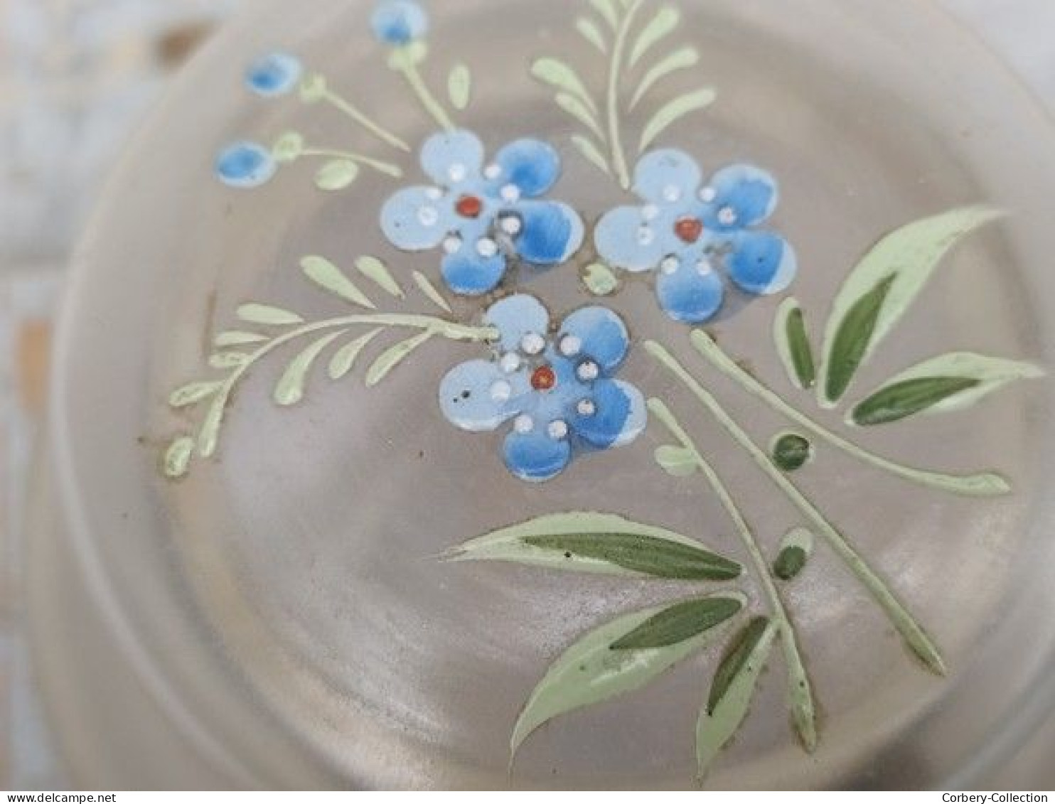 Ancienne Boite Verre Émaillé Fleurs Bleues Legras