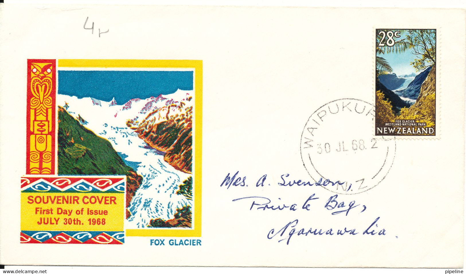 New Zealand FDC 30-7-1968 Fox Glacier With Cachet - FDC
