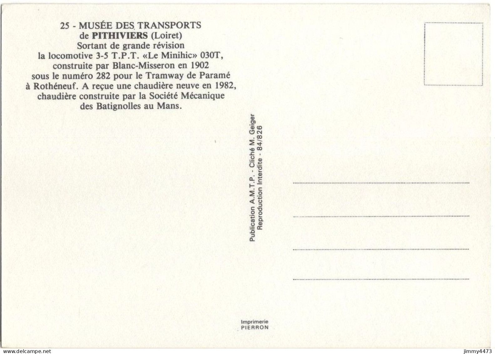 CPM - La Locomotive 3-5 T.P.T. " Le Minihic " 030T Pour Le Tramway De Paramé à Rothéneuf - Pub. A.M.T.P. - Cl. M. Geiger - Gares - Avec Trains