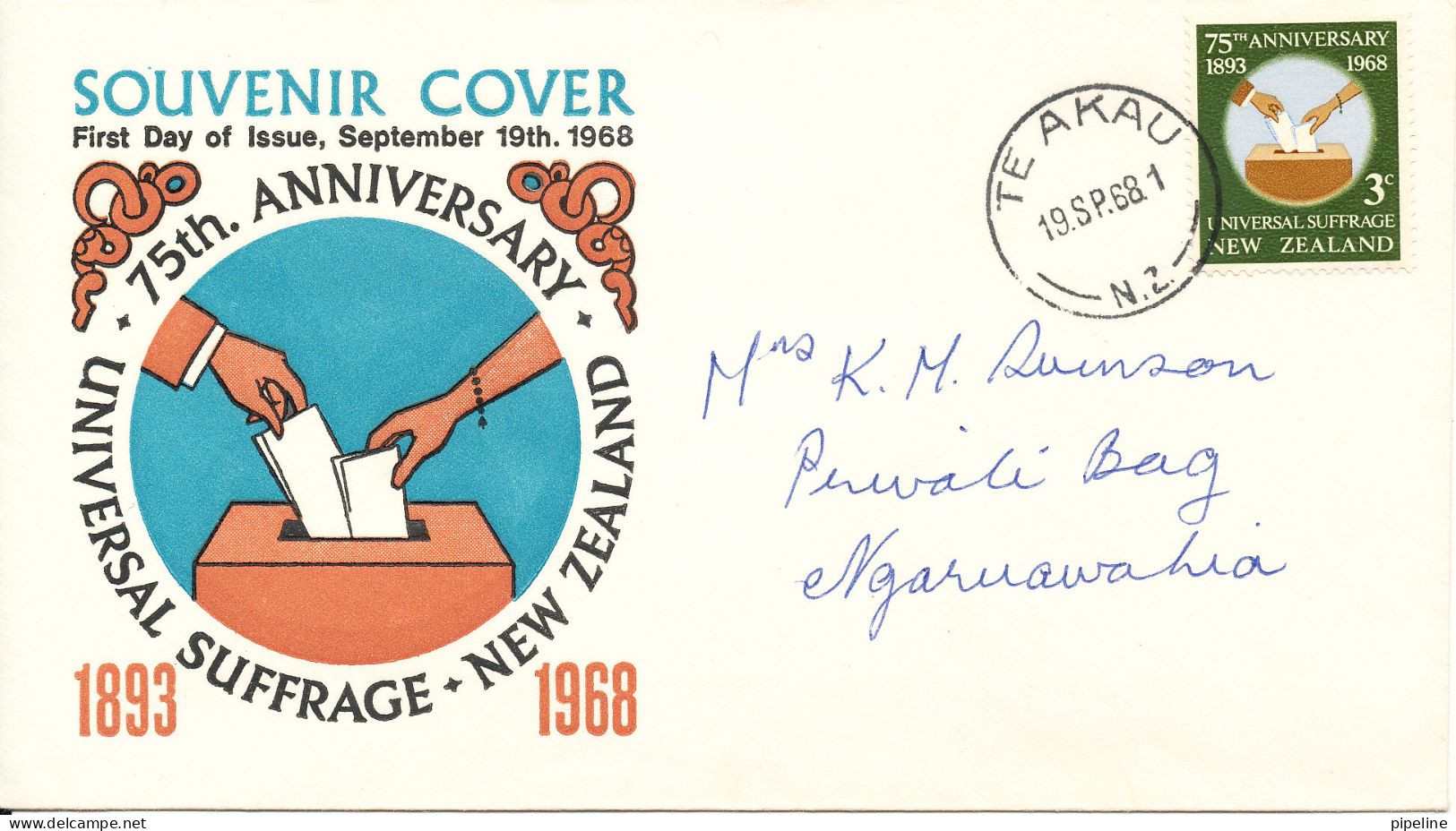 New Zealand FDC 19-10-1968 Universal Suffrage New Zealand 75th. Anniversary With Cachet - FDC