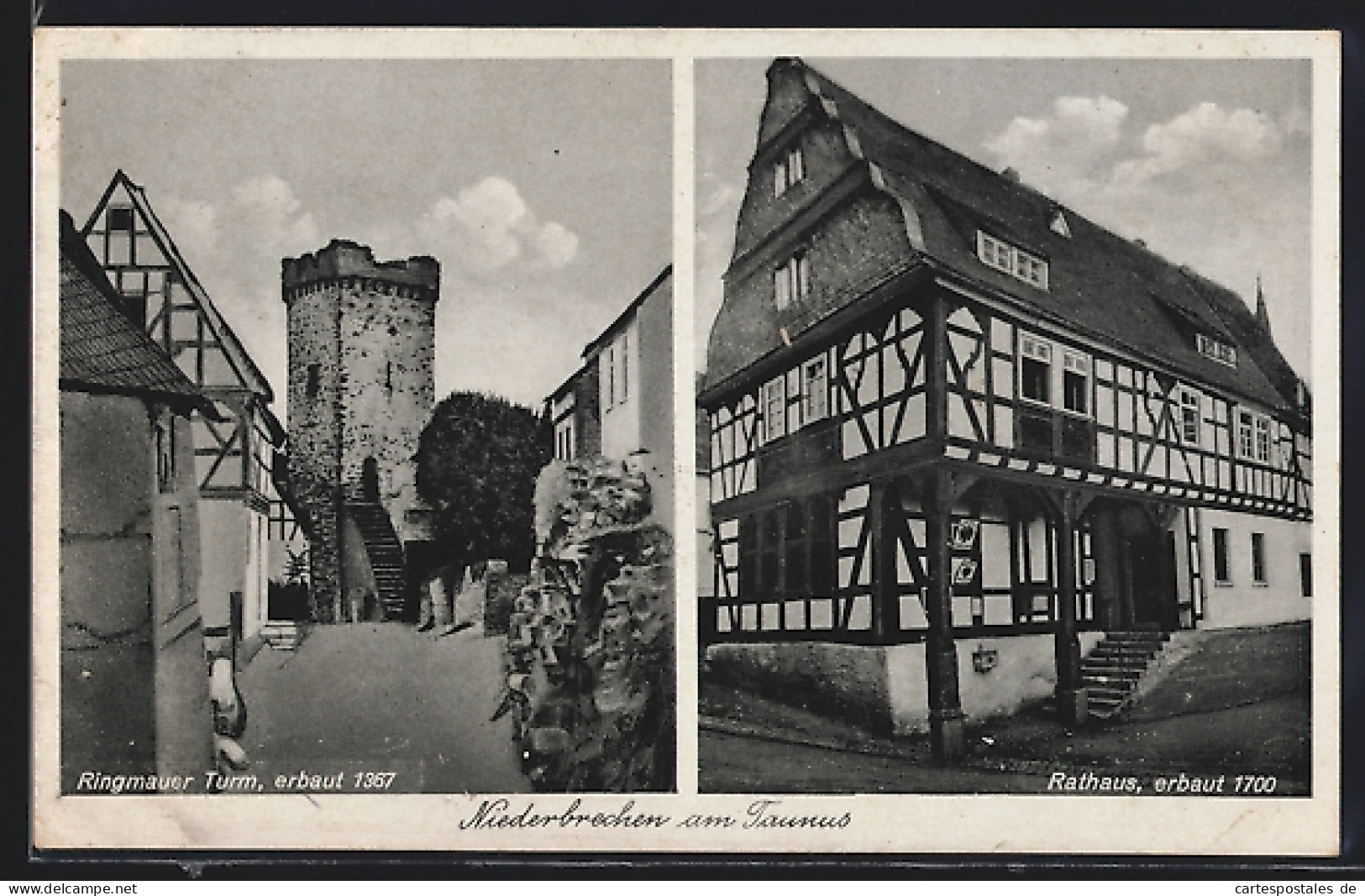 AK Niederbrechen Am Taunus, Ringmauer Turm Mit Strasse, Rathaus  - Taunus