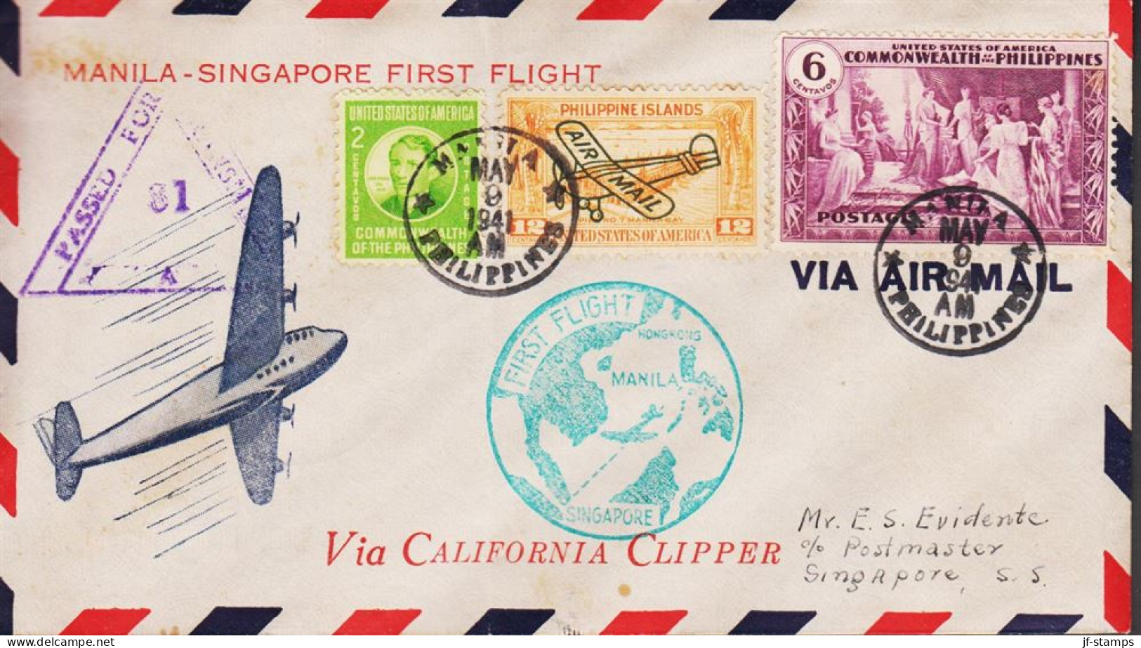 1941. PHILIPPINE ISLANDS. Fine Small MANILA SINGAPORE FIRST FLIGHT Cover With 4 + 12 C AIR M... (Michel 351+) - JF545076 - Filippijnen