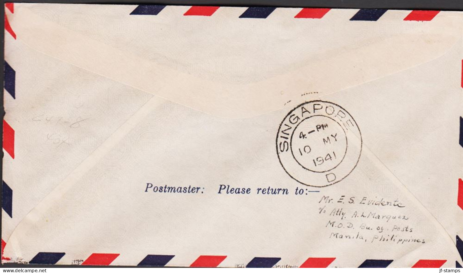 1941. PHILIPPINE ISLANDS. Fine Small MANILA SINGAPORE FIRST FLIGHT Cover With 4 + 12 C AIR M... (Michel 351+) - JF545076 - Philipines