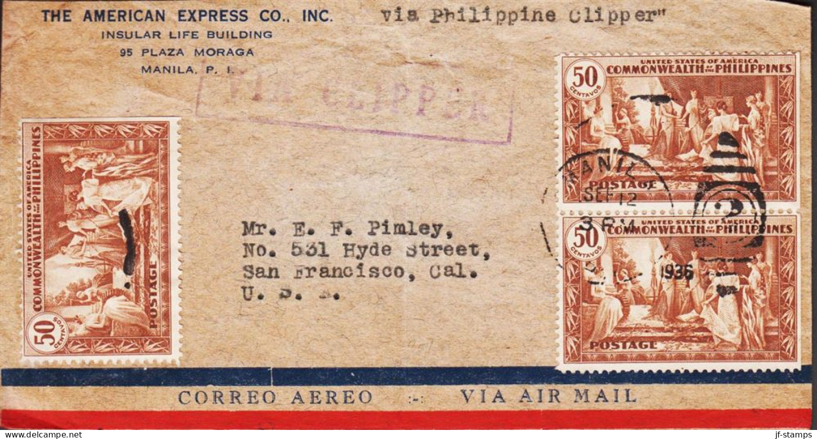 1935. PHILIPPINE ISLANDS. Interesting Small AIR MAIL Cover VIA CLIPPER To San Francisco With ... (Michel 376) - JF545079 - Filippijnen