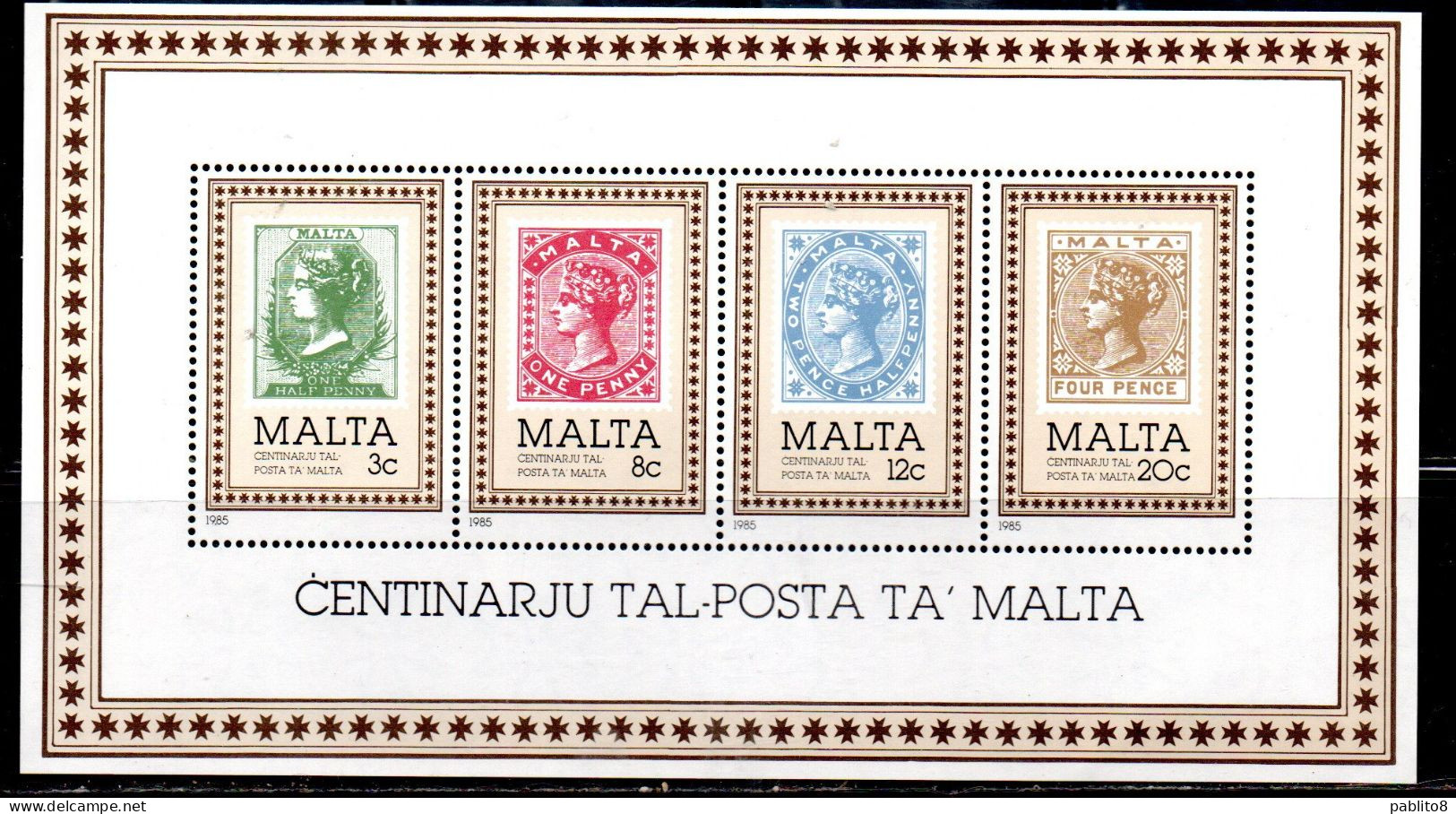 MALTA 1985 CENTENARY OF POST OFFICE CENTENARIO DEL SERVIZIO POSTALE POSTA BLOCK SHEET BLOCCO FOGLIETTO MNH - Malta