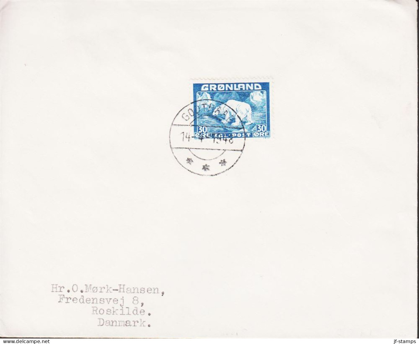 1948. GRØNLAND. Polar Bear. 30 Øre Blue Single On Fine Envelope To Roskilde, Danmark Cancelled ... (Michel 6) - JF545087 - Cartas & Documentos